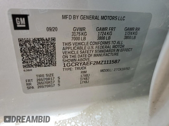 2021 Chevrolet Silverado 1500 Work Truck with VIN 1GCRYAEF2MZ111587, listed as a Copart auction lot 69341474 with 112,802 mi miles and Salvage Title. Bid and sale history available at DreamBid. Image 12.