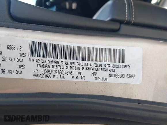 2014 Jeep Grand Cherokee Limited with VIN 1C4RJFBG1EC148701, listed as a IAAI auction lot 42552429 with 225,514 mi miles and . Bid and sale history available at DreamBid. Image 9.