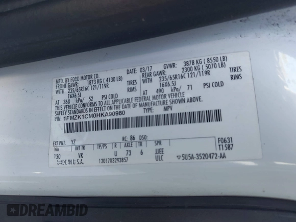 2017 Ford Transit Passenger XL with VIN 1FMZK1CM0HKA90980, listed as a IAAI auction lot 40979539 with 71,813 mi miles and . Bid and sale history available at DreamBid. Image 9.