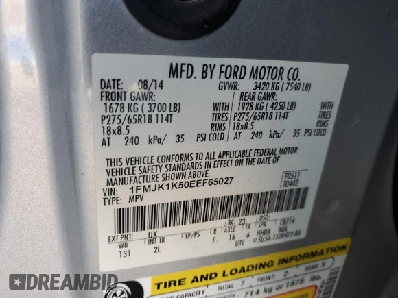 2014 Ford Expedition Max Limited with VIN 1FMJK1K50EEF65027, listed as a Copart auction lot 78937304 with Not provided miles and Salvage title. Bid and sale history available at DreamBid. Image 13.
