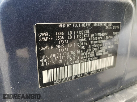 2015 Subaru Outback 2.5i with VIN 4S4BSBAC8F3291602, listed as a Copart auction lot 53555395 with 191,261 mi miles and Salvage title. Bid and sale history available at DreamBid. Image 15.