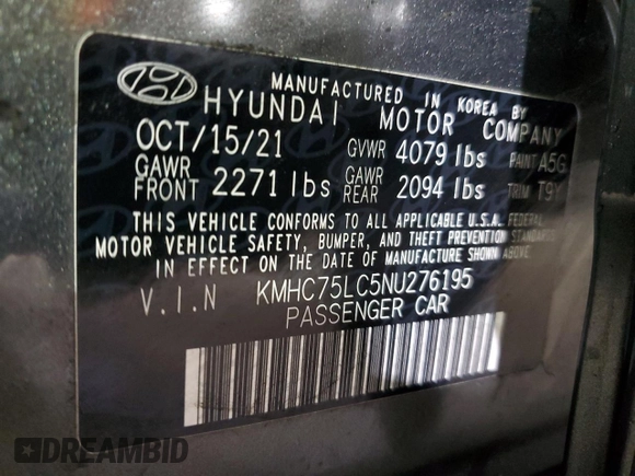 2022 Hyundai Ioniq SE с VIN KMHC75LC5NU276195, выставлен на аукционе Copart как лот 43391115 с пробегом 71 418 миль миль и Списание • Salvage title. История ставок и продаж доступна на DreamBid. Изображение 15.