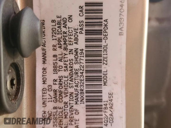 2004 Toyota Corolla CE with VIN 1NXBR32E34Z277194, listed as a Copart auction lot 52938304 with 46,169 mi miles and Salvage Title. Bid and sale history available at DreamBid. Image 12.