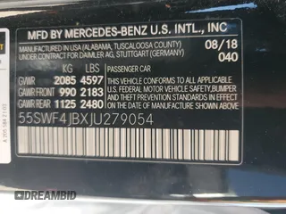 2018 Mercedes-Benz C with VIN 55SWF4JBXJU279054, listed as a Copart auction lot 66615364 with 66,109 mi miles and Salvage Title. Bid and sale history available at carsss.com. Image 15.