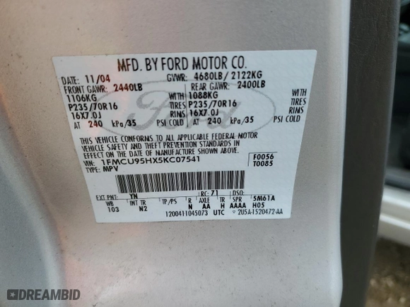 2005 Ford Escape Hybrid with VIN 1FMCU95HX5KC07541, listed as a Copart auction lot 84209534 with 187,074 mi miles and Clean Title. Bid and sale history available at carsss.com. Image 12.