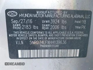 2017 Hyundai Elantra SE with VIN 5NPD74LFXHH139636, listed as a IAAI auction lot 41109236 with 179,628 mi miles and . Bid and sale history available at DreamBid. Image 9.