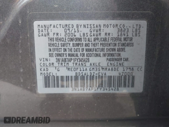 2015 Nissan Sentra S with VIN 3N1AB7AP1FY345428, listed as a IAAI auction lot 42044857 with 113,046 mi miles. Bid and sale history available at carsss.com. Image 9.