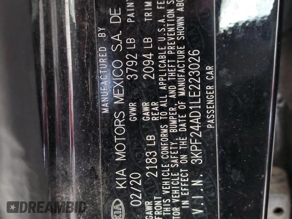 2020 Kia Forte LXS with VIN 3KPF24AD1LE223026, listed as a Copart auction lot 50419195 with 58,112 mi miles and Salvage Title. Bid and sale history available at carsss.com. Image 12.