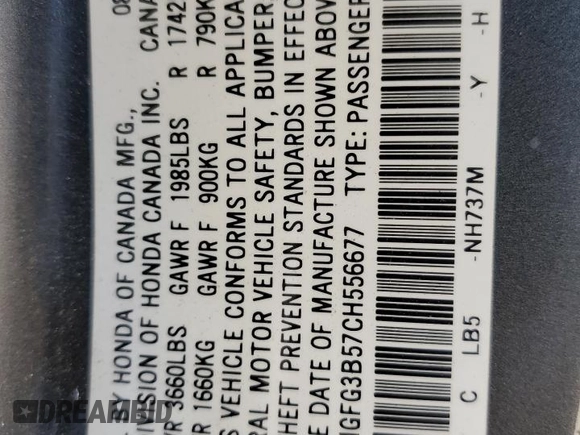 2012 Honda Civic Cpe LX with VIN 2HGFG3B57CH556677, listed as a Copart auction lot 54071885 with 151,943 mi miles and Clean Title. Bid and sale history available at carsss.com. Image 12.
