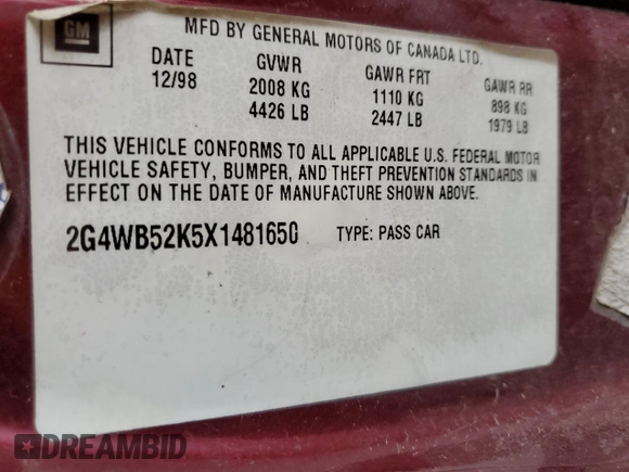 1999 Buick Regal LS with VIN 2G4WB52K5X1481650, listed as a Copart auction lot 61439375 with Not provided miles and Salvage title. Bid and sale history available at DreamBid. Image 12.