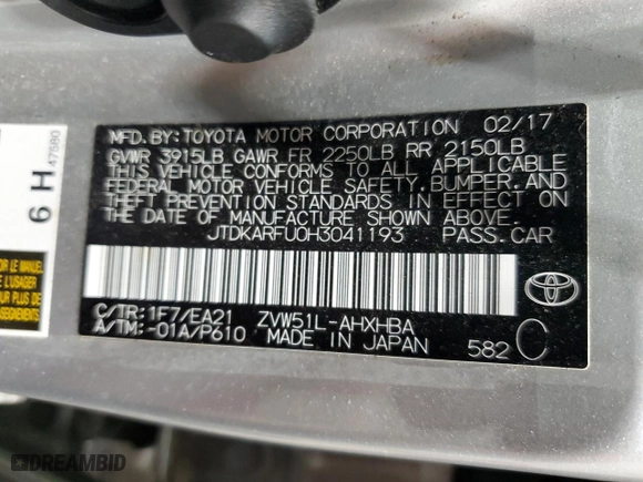 2017 Toyota Prius Two with VIN JTDKARFU0H3041193, listed as a Copart auction lot 53098965 with 74,166 mi miles and Salvage Title. Bid and sale history available at carsss.com. Image 12.