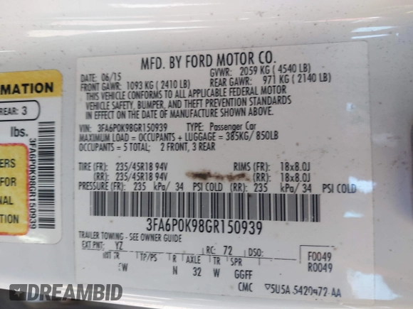 2016 Ford Fusion Titanium with VIN 3FA6P0K98GR150939, listed as a IAAI auction lot 40994523 with 144,051 mi miles. Bid and sale history available at carsss.com. Image 9.