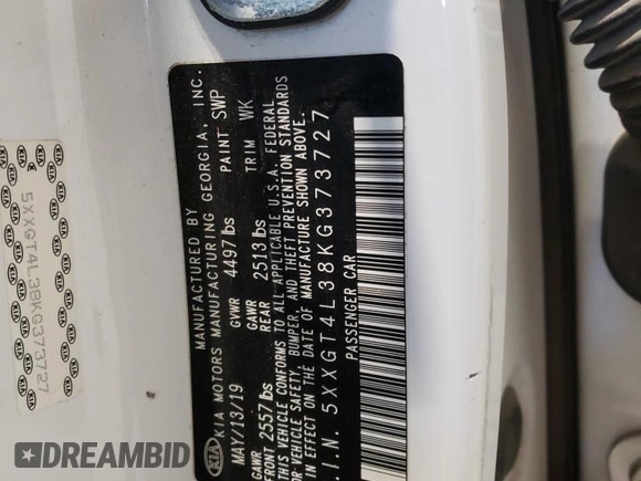 2019 Kia Optima LX with VIN 5XXGT4L38KG373727, listed as a Copart auction lot 48548435 with 103,040 mi miles and Salvage title. Bid and sale history available at DreamBid. Image 12.