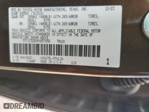 2024 Toyota Tundra Limited Hybrid with VIN 5TFJC5DBXRX057850, listed as a Copart auction lot 55224795 with 6,401 mi miles and Salvage title. Bid and sale history available at DreamBid. Image 13.