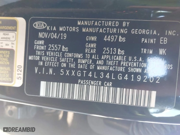 2020 Kia Optima LX with VIN 5XXGT4L34LG419202, listed as a IAAI auction lot 41380609 with 84,554 mi miles. Bid and sale history available at carsss.com. Image 9.