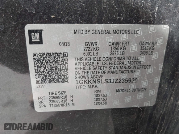 2018 GMC Acadia SLE z VIN 1GKKNSLS3JZ235920, wystawiony jako IAAI lot #41788192 z przebiegiem 194 727 mil mil oraz . Historia ofert i sprzedaży dostępna na DreamBid. Obrazek 9.