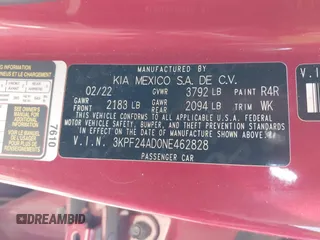 2022 Kia Forte LXS with VIN 3KPF24AD0NE462828, listed as a IAAI auction lot 42019108 with 25,536 mi miles and . Bid and sale history available at DreamBid. Image 9.