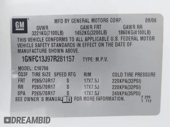 2007 Chevrolet Tahoe LS with VIN 1GNFC13J97R281157, listed as a IAAI auction lot 42167329 with Not provided miles and . Bid and sale history available at DreamBid. Image 9.