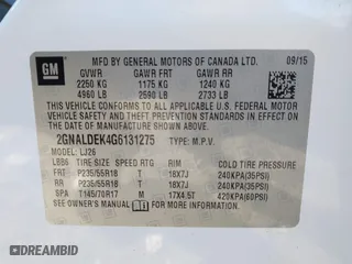 2016 Chevrolet Equinox LTZ with VIN 2GNALDEK4G6131275, listed as a IAAI auction lot 41369680 with 77,994 mi miles. Bid and sale history available at carsss.com. Image 9.