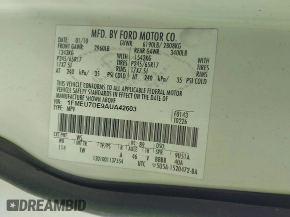 2010 Ford Explorer XLT с VIN 1FMEU7DE9AUA42603, выставлен на аукционе IAAI как лот 42201181 с пробегом 175 994 миль миль и . История ставок и продаж доступна на DreamBid. Изображение 9.