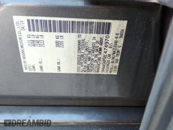 2014 Nissan Maxima S with VIN 1N4AA5AP5EC474970, listed as a Copart auction lot 65428595 with Not provided miles and Clean title. Bid and sale history available at DreamBid. Image 12.