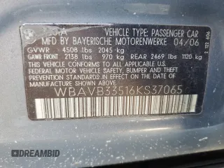 2006 BMW 3 Series 330i with VIN WBAVB33516KS37065, listed as a Copart auction lot 49379595 with Not Provided miles and Salvage Title. Bid and sale history available at DreamBid. Image 12.
