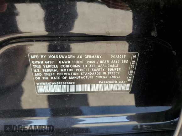 2015 Volkswagen CC Lux with VIN WVWRN7AN3FE826820, listed as a Copart auction lot 60400263 with 103,165 mi miles. Bid and sale history available at carsss.com. Image 15.