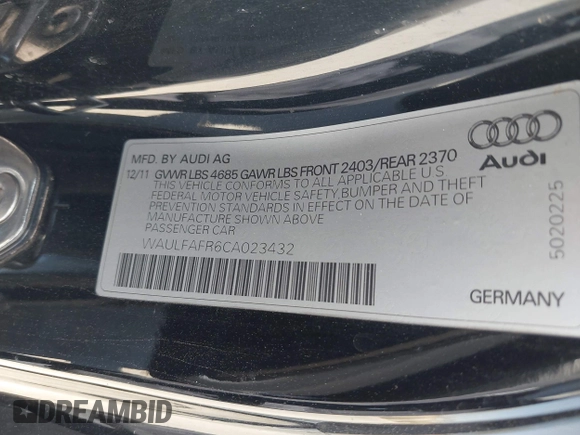 2012 Audi A5 Premium Plus with VIN WAULFAFR6CA023432, listed as a IAAI auction lot 42136688 with Not provided miles and . Bid and sale history available at DreamBid. Image 9.