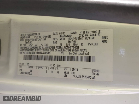 2013 Ford Econoline Passenger XL с VIN 1FBSS3BL2DDA76608, выставлен на аукционе IAAI как лот 41393919 с пробегом Не указан миль и . История ставок и продаж доступна на DreamBid. Изображение 9.