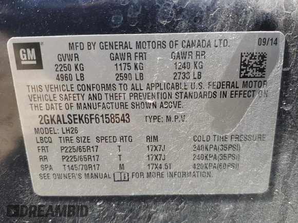 2015 GMC Terrain SLT with VIN 2GKALSEK6F6158543, listed as a Copart auction lot 50837305 with 123,859 mi miles and Salvage Title. Bid and sale history available at carsss.com. Image 13.