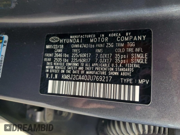 2018 Hyundai Tucson SE z VIN KM8J2CA40JU769217, wystawiony jako Copart lot #50214755 z przebiegiem 105 311 mil mil oraz Szkody całkowita. Historia ofert i sprzedaży dostępna na DreamBid. Obrazek 12.
