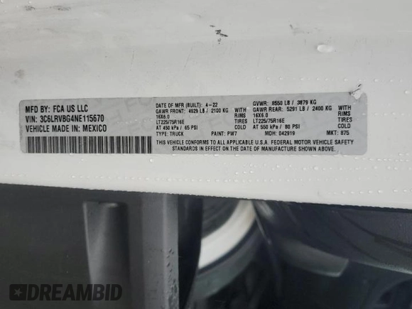 2022 Ram ProMaster Cargo with VIN 3C6LRVBG4NE115670, listed as a Copart auction lot 51650585 with 57,848 mi miles and Clean Title. Bid and sale history available at carsss.com. Image 13.