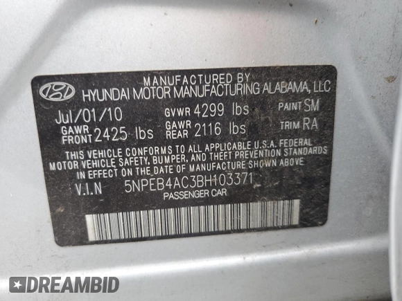 2011 Hyundai Sonata GLS with VIN 5NPEB4AC3BH103371, listed as a Copart auction lot 49257945 with 102,590 mi miles and Salvage Title. Bid and sale history available at carsss.com. Image 14.