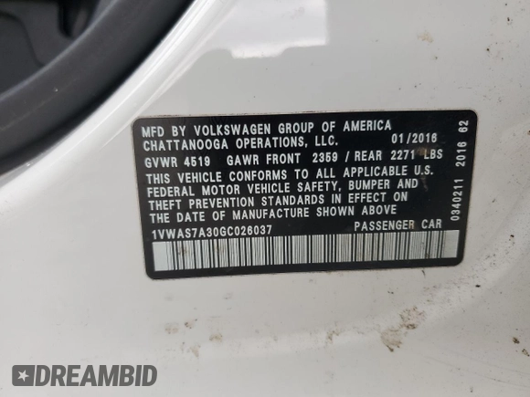2016 Volkswagen Passat 1.8T R-Line w/Comfort Pkg with VIN 1VWAS7A30GC026037, listed as a Copart auction lot 49080145 with 183,407 mi miles and Salvage Title. Bid and sale history available at carsss.com. Image 12.