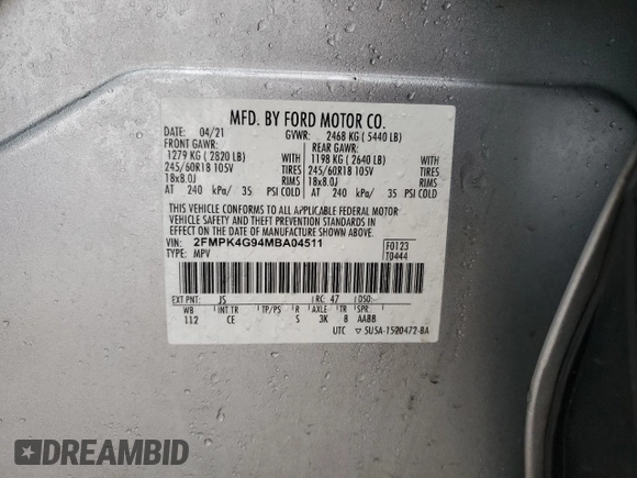 2021 Ford Edge SE with VIN 2FMPK4G94MBA04511, listed as a Copart auction lot 84423524 with 162,699 mi miles and Salvage title. Bid and sale history available at DreamBid. Image 14.