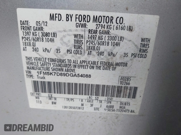 2013 Ford Explorer XLT with VIN 1FM5K7D89DGA54088, listed as a IAAI auction lot 41907411 with 193,014 mi miles and . Bid and sale history available at DreamBid. Image 9.