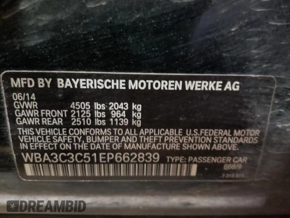 2014 BMW 3 Series 320i xDrive with VIN WBA3C3C51EP662839, listed as a Copart auction lot 54063825 with 88,272 mi miles and Clean Title. Bid and sale history available at carsss.com. Image 12.