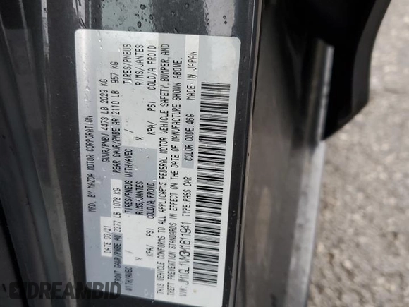2021 Mazda Mazda6 Touring with VIN JM1GL1VM3M1611941, listed as a Copart auction lot 49664545 with 0 mi miles and Salvage Title. Bid and sale history available at carsss.com. Image 12.