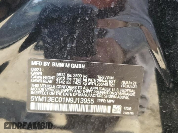2022 BMW X3 M z VIN 5YM13EC01N9J13955, wystawiony jako Copart lot #82231734 z przebiegiem Nie podano mil oraz Szkoda całkowita • Salvage title. Historia ofert i sprzedaży dostępna na DreamBid. Obrazek 13.