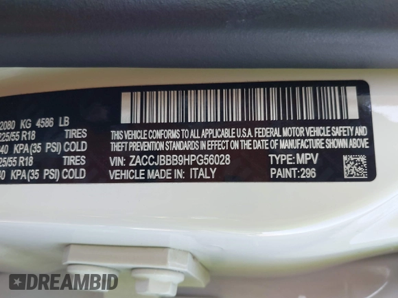 2017 Jeep Renegade Latitude with VIN ZACCJBBB9HPG56028, listed as a IAAI auction lot 41780912 with 55,482 mi miles. Bid and sale history available at carsss.com. Image 9.