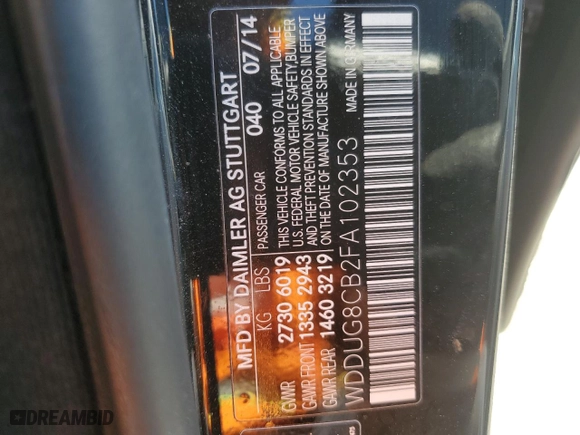 2015 Mercedes-Benz S-Class S 550 with VIN WDDUG8CB2FA102353, listed as a Copart auction lot 46638515 with 0 mi miles and Salvage Title. Bid and sale history available at carsss.com. Image 13.