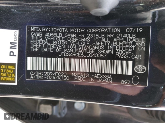 2020 Toyota Corolla SE with VIN JTDS4RCE6LJ040087, listed as a Copart auction lot 49458955 with 68,400 mi miles and Salvage Title. Bid and sale history available at carsss.com. Image 12.