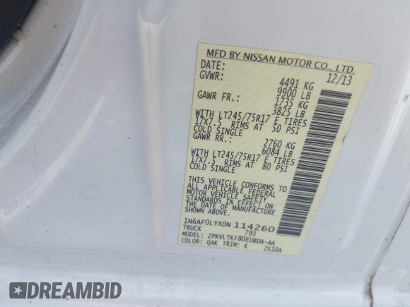 2013 Nissan NV SV with VIN 1N6AF0LYXDN114260, listed as a IAAI auction lot 42773030 with 224,030 mi miles and . Bid and sale history available at DreamBid. Image 9.