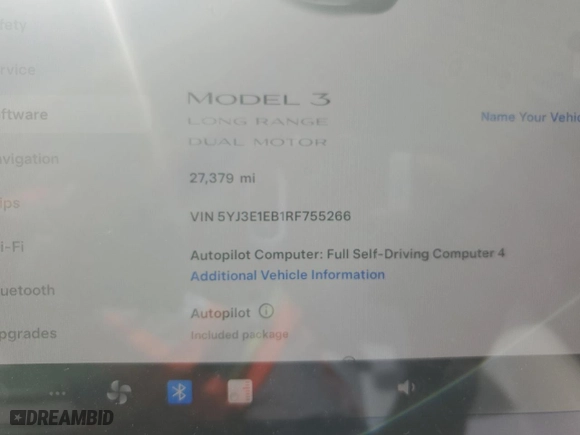 2024 Tesla Model 3 Long Range with VIN 5YJ3E1EB1RF755266, listed as a Copart auction lot 53126855 with 27,379 mi miles and Clean Title. Bid and sale history available at carsss.com. Image 9.