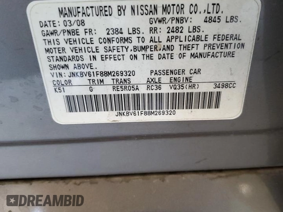 2008 Infiniti G35 x with VIN JNKBV61F88M269320, listed as a Copart auction lot 77380144 with 165,333 mi miles and Salvage Title. Bid and sale history available at DreamBid. Image 14.