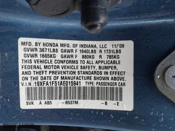 2010 Honda Civic Sdn LX with VIN 19XFA1F51AE015941, listed as a IAAI auction lot 41710847 with 133,929 mi miles. Bid and sale history available at carsss.com. Image 9.