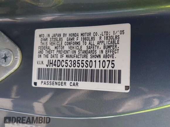 2005 Acura RSX with VIN JH4DC53855S011075, listed as a IAAI auction lot 42506213 with 214,187 mi miles and . Bid and sale history available at DreamBid. Image 9.
