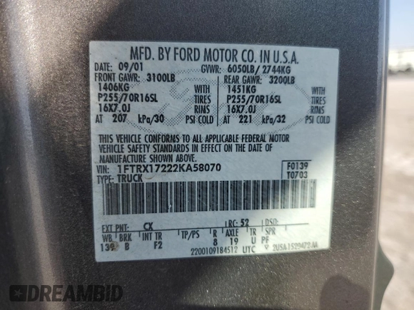 2002 Ford F-150 XL with VIN 1FTRX17222KA58070, listed as a Copart auction lot 52186295 with 0 mi miles and Salvage Title. Bid and sale history available at carsss.com. Image 12.
