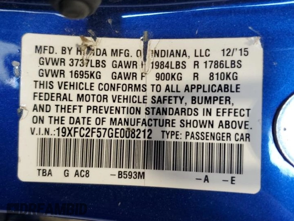 2016 Honda Civic Sedan LX with VIN 19XFC2F57GE008212, listed as a Copart auction lot 52195615 with 86,806 mi miles and Salvage Title. Bid and sale history available at carsss.com. Image 13.