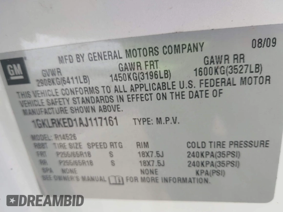 2010 GMC Acadia SL with VIN 1GKLRKED1AJ117161, listed as a IAAI auction lot 41860861 with 145,852 mi miles and . Bid and sale history available at DreamBid. Image 9.